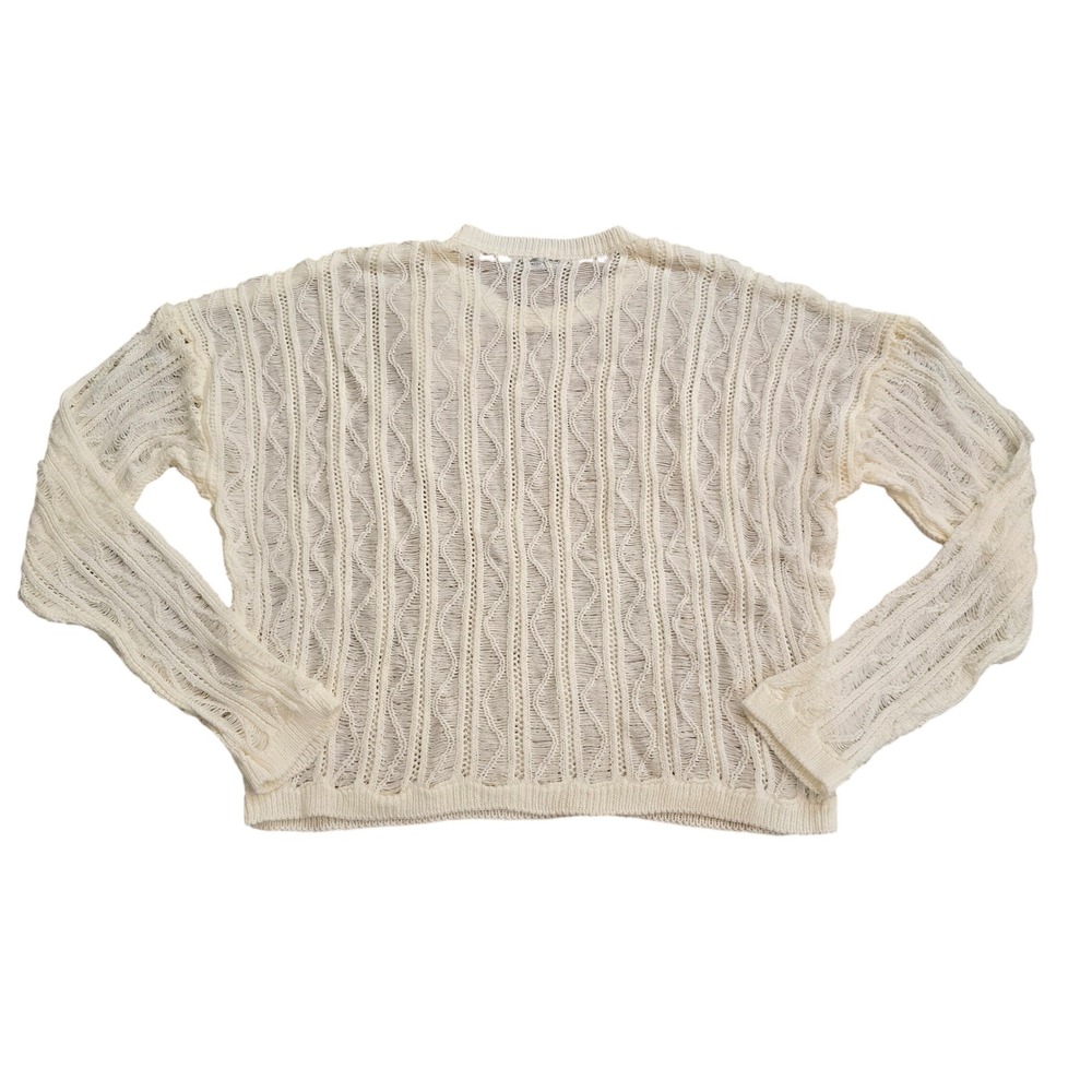 Tuba Butik Cream Open Knit Pointelle Cropped Sweater Women's Std Boho - Picture 5 of 11